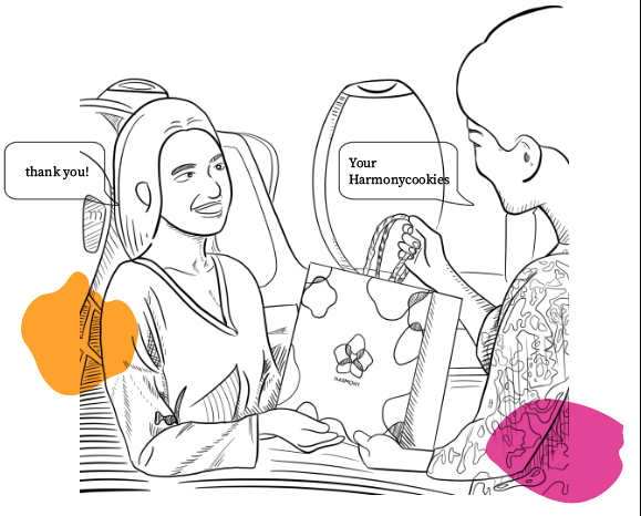 Drawing: on a plane, a passenger is handed a bag of Harmonycookies