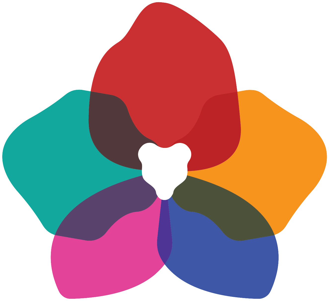 The Harmony Cookies flower: five overlapping petals in red, orange, blue, pink and teal